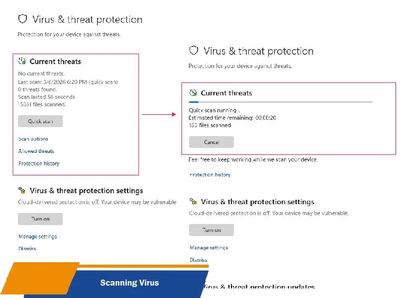 Proses pemeriksaan komputer untuk mendeteksi dan membersihkan virus atau malware.